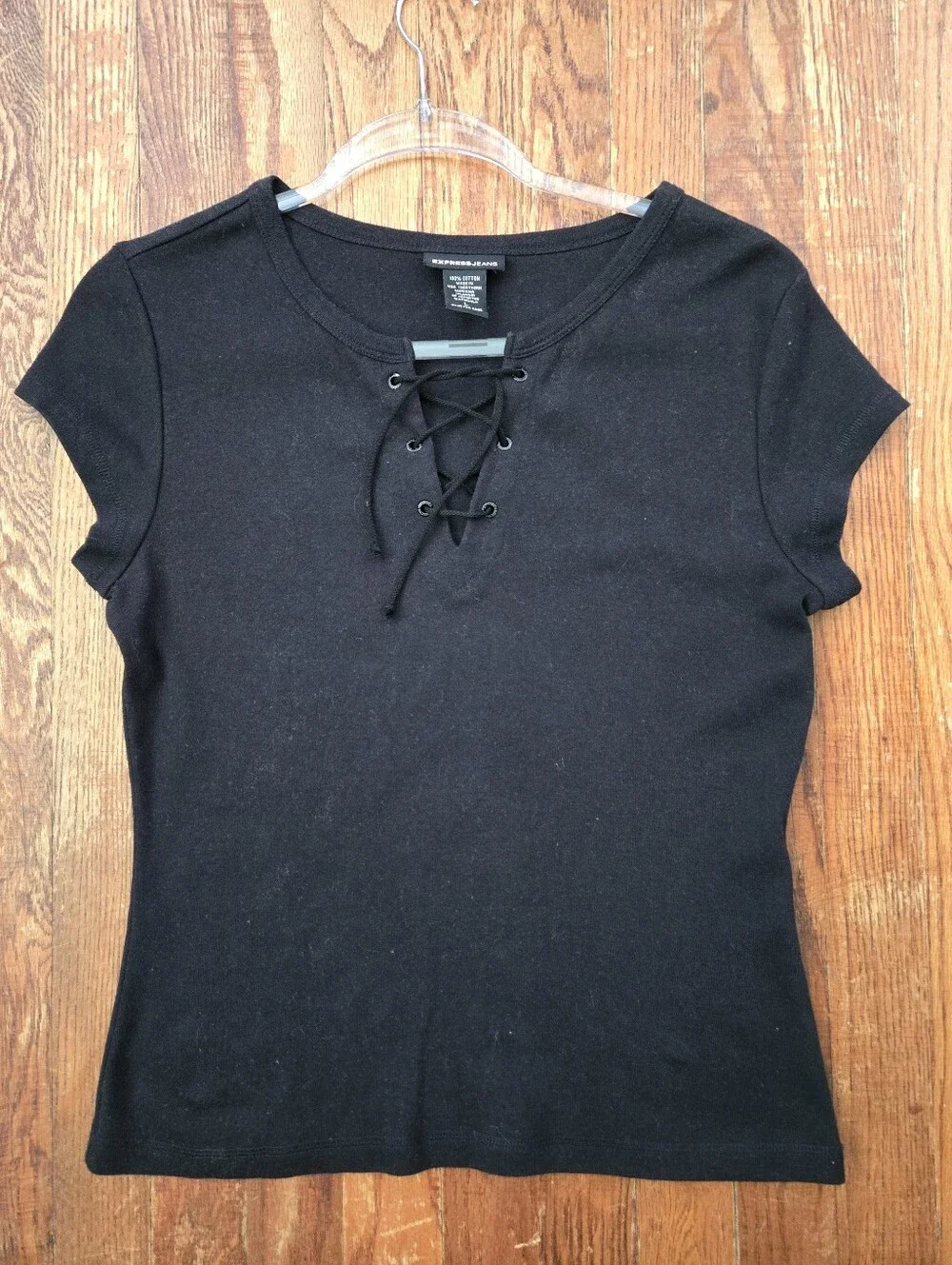 Y2K Express Jeans Black Top Size L (runs small) Criss Cross V-Neck Cap Sleeves
